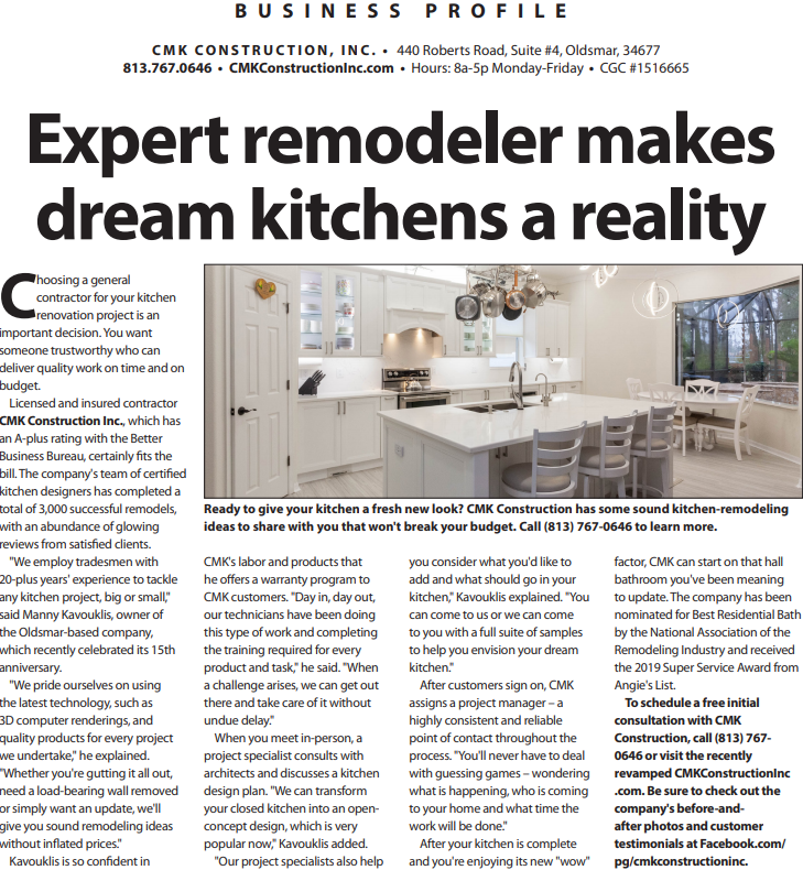 CMK Construction Inc. featured in the Tampa Bay Times, showcasing kitchen remodeling services with a modern, bright kitchen design, emphasizing expert craftsmanship and customer satisfaction.