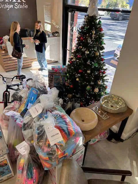 Christmas tree and gift bags in a shop