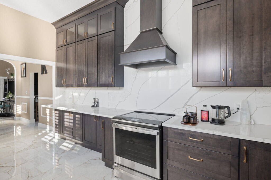 kitchen remodeled with dark cabinets