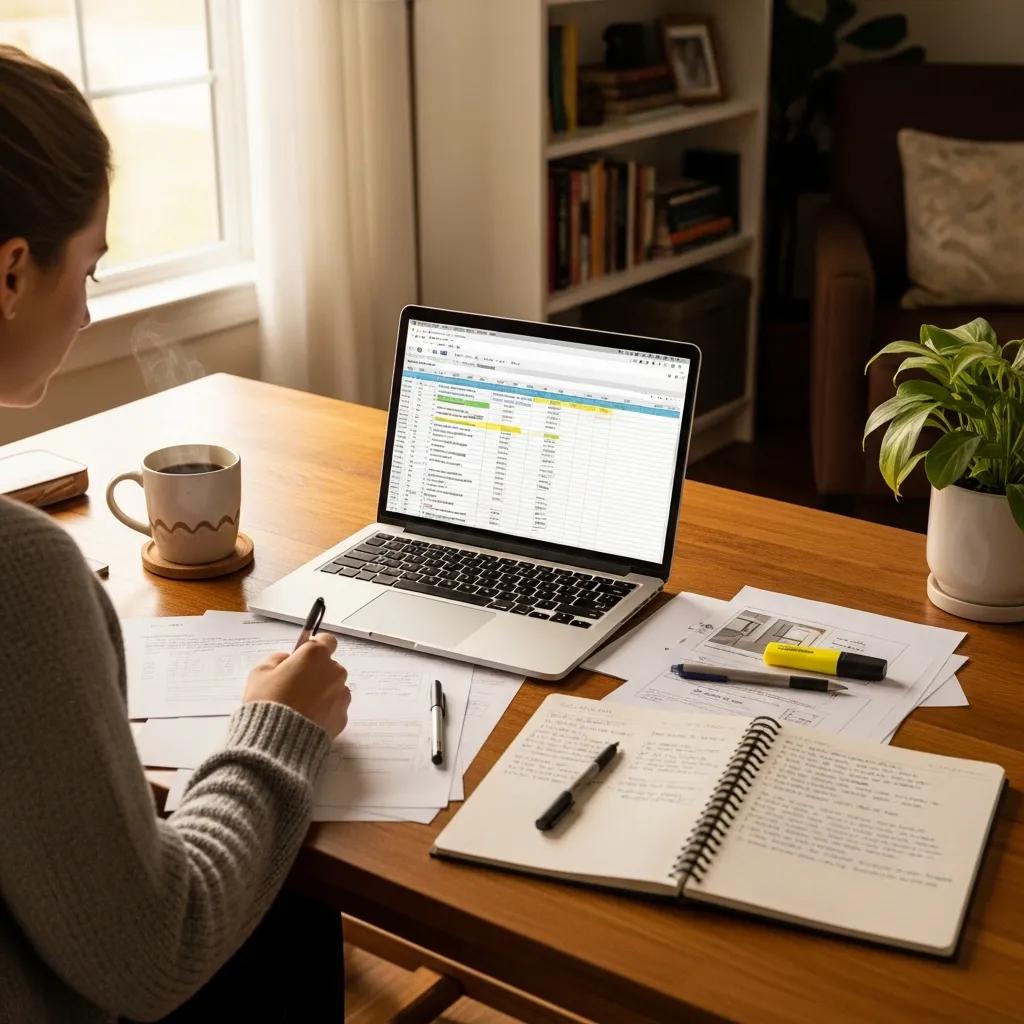 Homeowner budgeting for a kitchen remodel with documents and a laptop