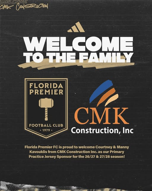 Florida Premier FC welcomes CMK Construction as sponsor.