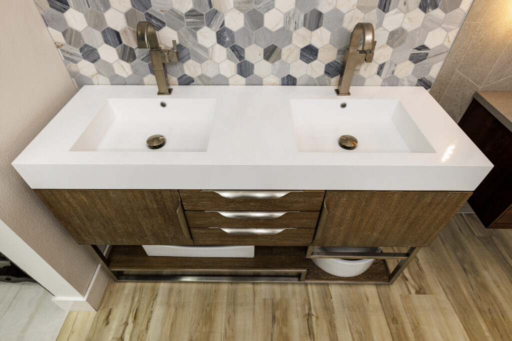 Modern bathroom vanity with dual sinks and faucet