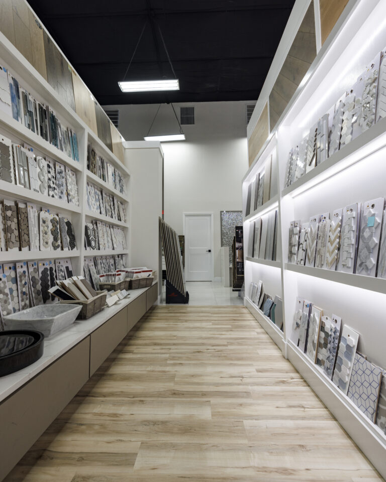 Indoor display of various tile samples and materials.