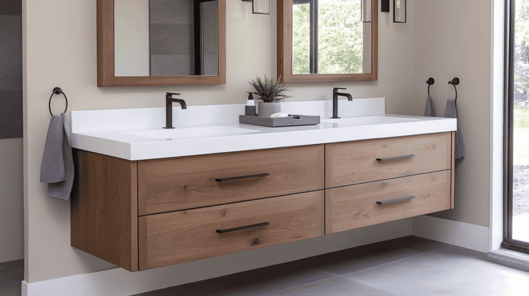 Modern bathroom with double sink and mirrors.