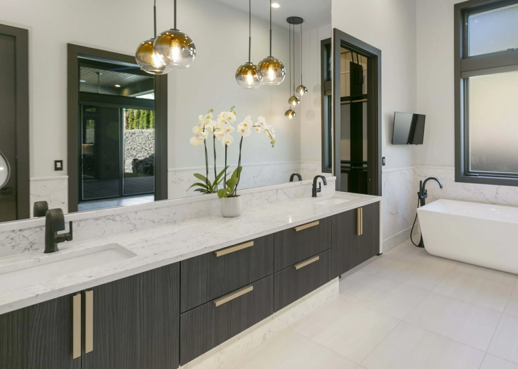 Modern bathroom with elegant fixtures and decor.