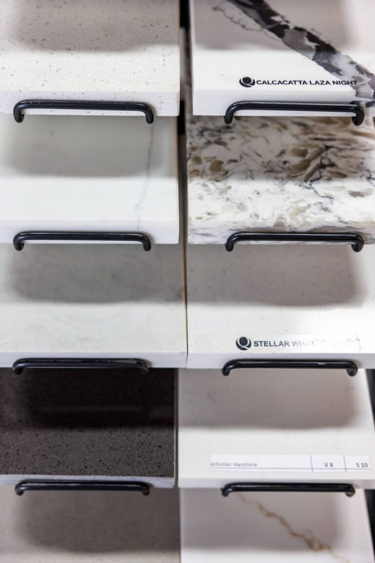 Display of various countertop samples and textures.
