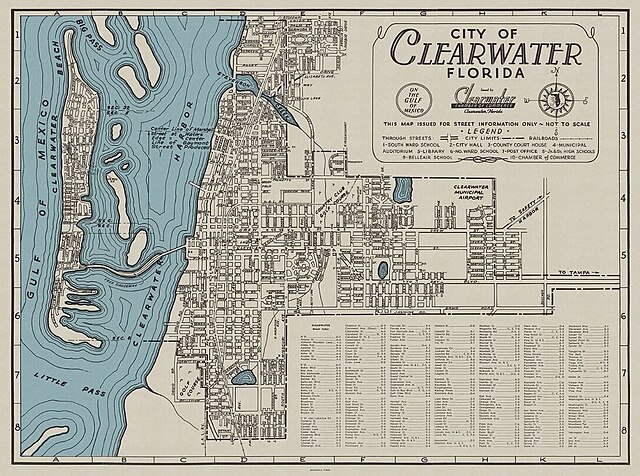 Map of Clearwater, Florida with streets and landmarks.