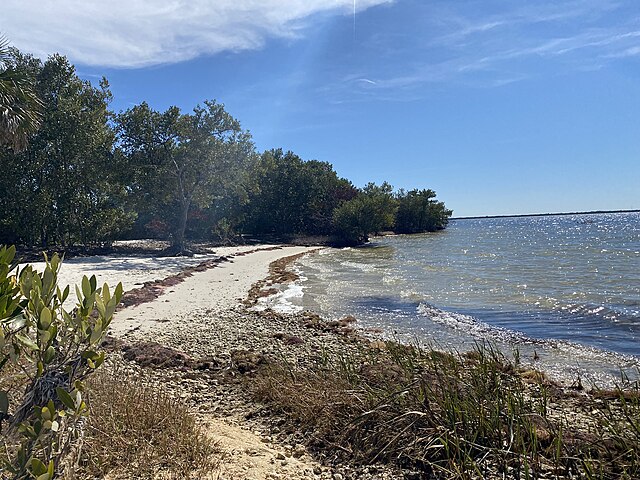 Lush coastal landscape with calm waters and trees.