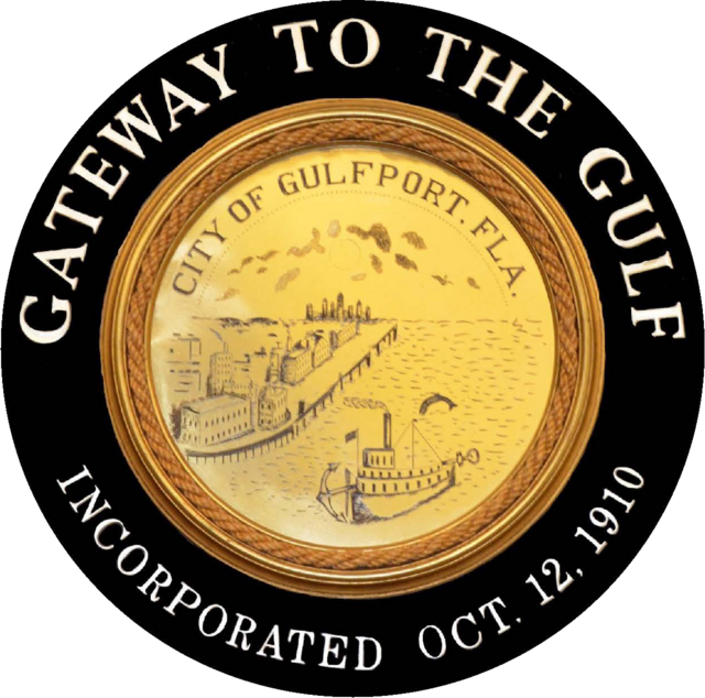 Seal of Gulfport, Florida with waterfront illustration.