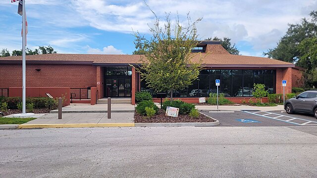 Front view of a modern brick building.