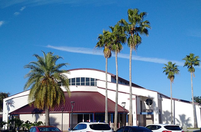 Modern building with palm trees and blue sky