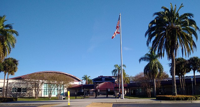 Building entrance with palm trees and American flag