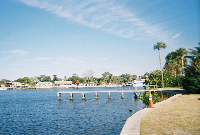 Scenic waterfront with dock and palm trees