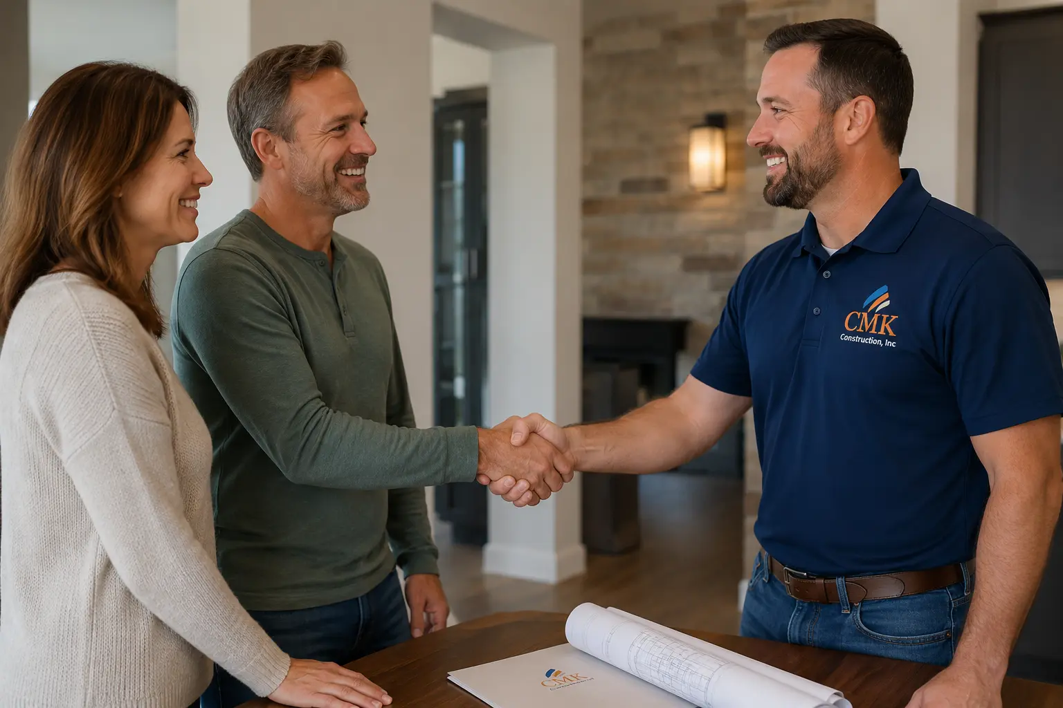 CMK Construction consultant greeting Tampa homeowners at an in-home kitchen remodeling consultation