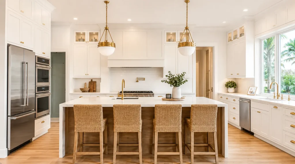 A stunning transitional Tampa Bay kitchen featuring custom white Shaker cabinetry, warm wood accents, and a beautifully coordinated quartz backsplash