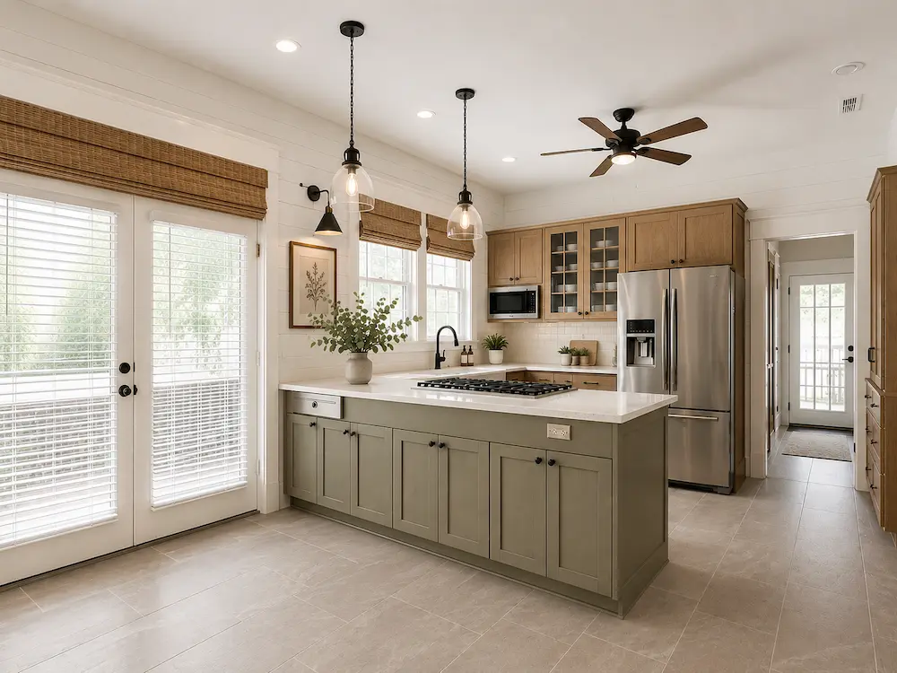 Restored Seminole Heights Tampa bungalow kitchen with custom cabinetry, quartz countertops, and full rewire by CMK Construction
