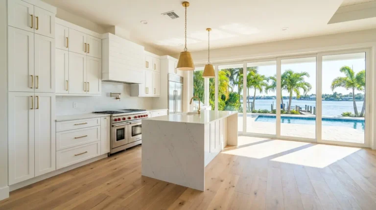 Remodeled kitchen opens onto a luscious pool.