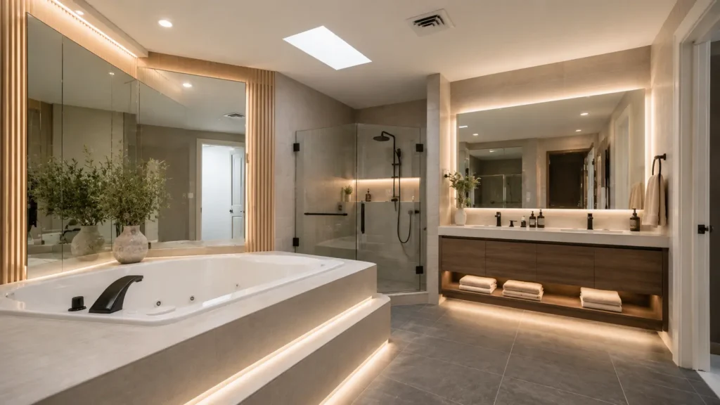 Bathroom remodel with a walk-in tile shower and custom vanity in Sarasota, FL