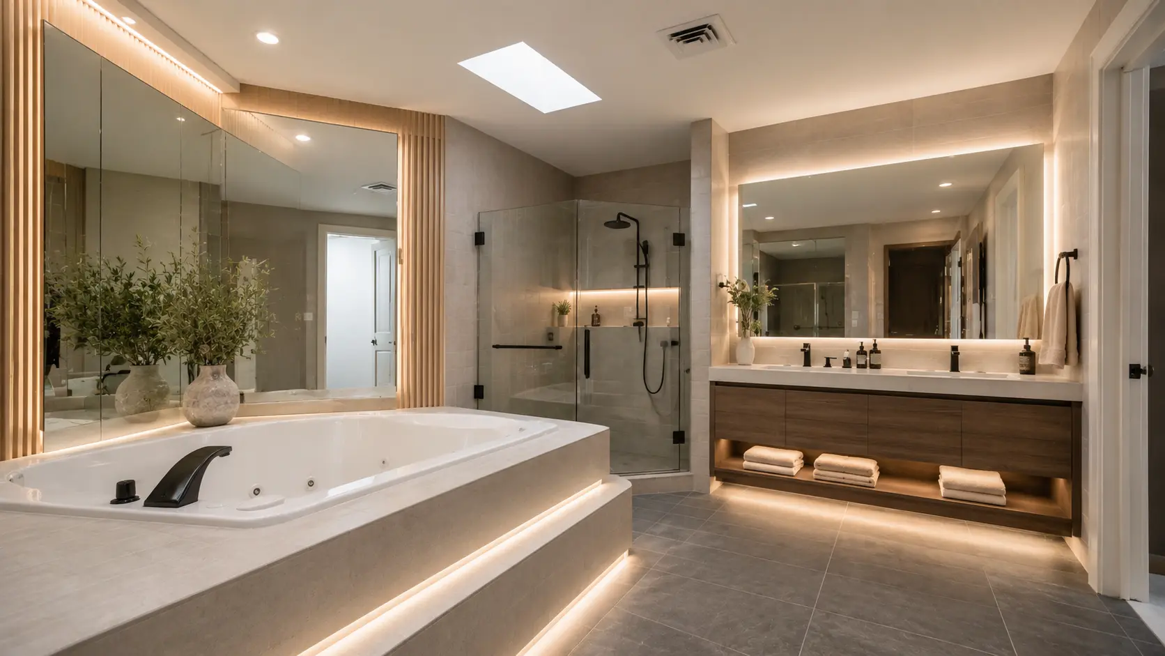 Bathroom remodel with a walk-in tile shower and custom vanity in Sarasota, FL