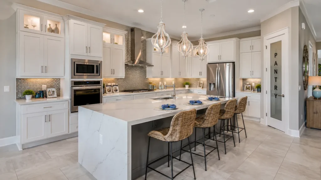 Kitchen remodel with white cabinetry and a waterfall island in Sarasota, FL