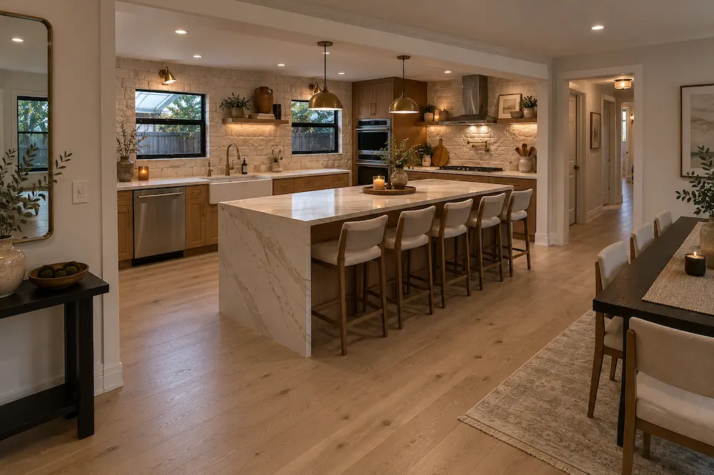 Full custom open-concept kitchen in Tampa Palms with oversized island and two-tone cabinetry by CMK Construction