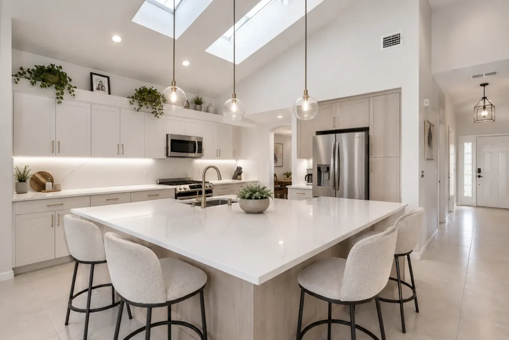 Kitchen remodel with a large island and pendant lighting in Tampa, FL