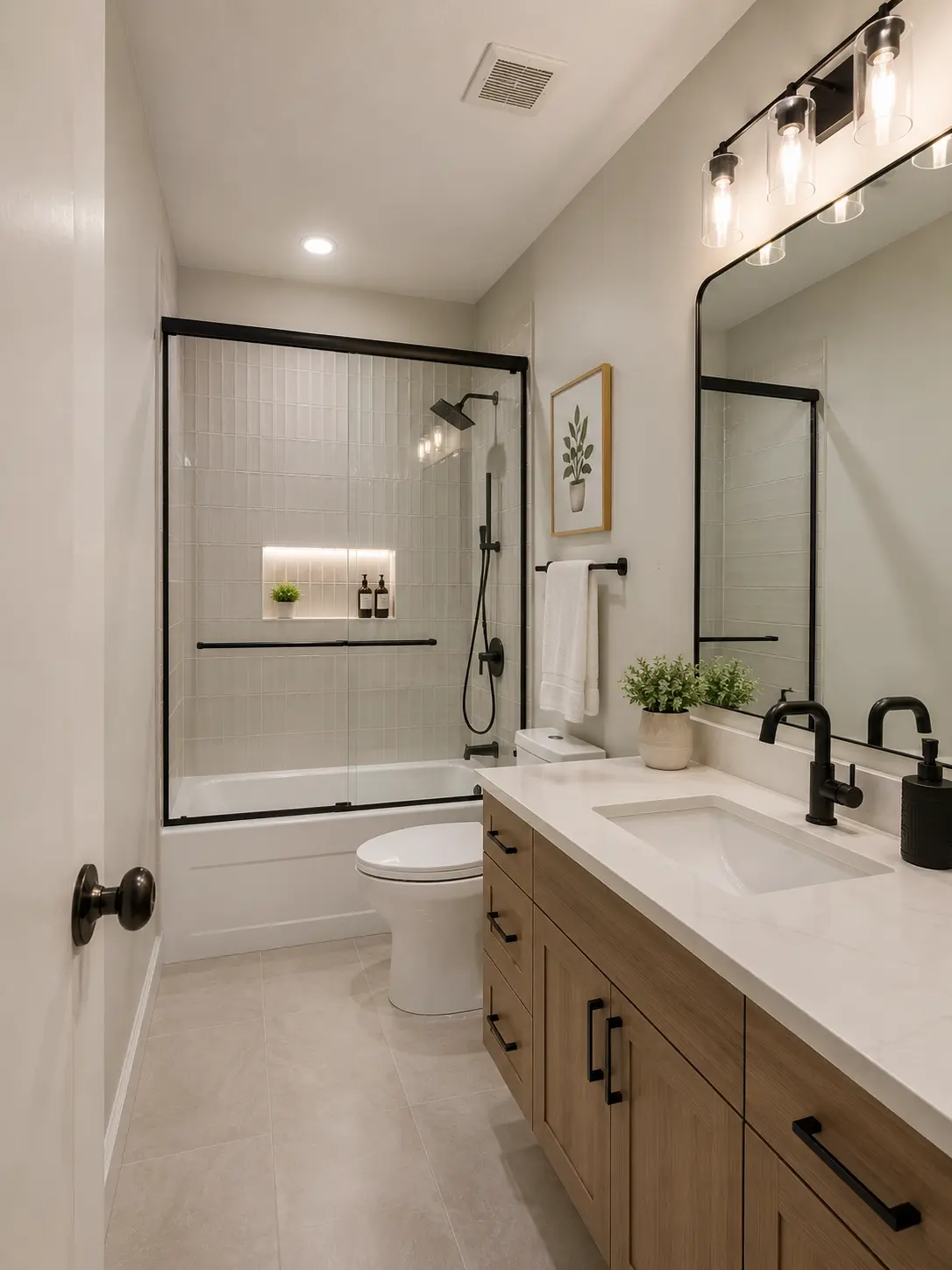 Bathroom remodel with a frameless glass shower and porcelain tile in Tampa, FL