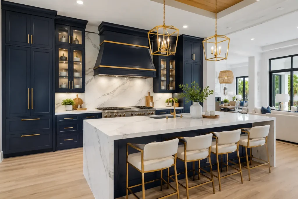 Luxury navy blue kitchen with gold hardware, glass display cabinets, marble backsplash, white waterfall island, and gold pendant lighting in an open-concept home.