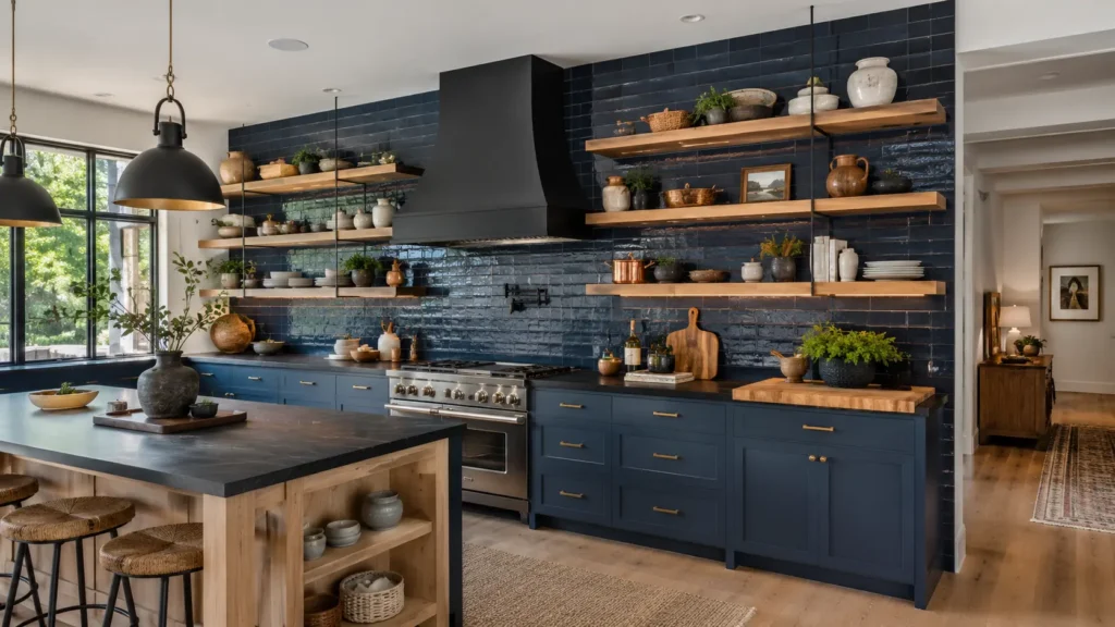 Navy blue kitchen with open wood floating shelves, dark blue tile backsplash, black range hood, wood accents, and a large island in a warm modern farmhouse design.
