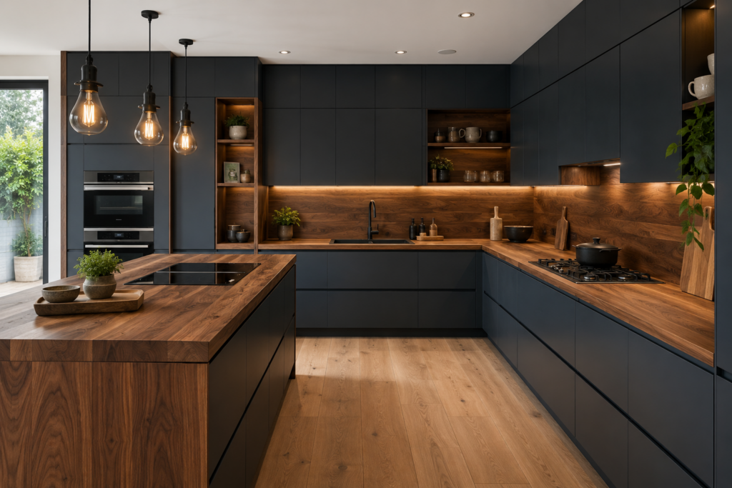 Modern dark blue kitchen with flat-panel cabinets, walnut countertops, integrated wood backsplash, warm under-cabinet lighting, and minimalist design details.