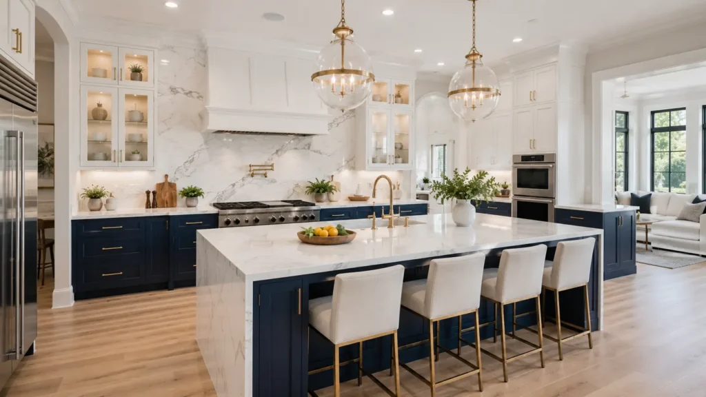Two-tone kitchen featuring white upper cabinets, navy blue lower cabinets, marble backsplash, brass fixtures, and a large waterfall island.