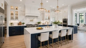 Two-tone kitchen featuring white upper cabinets, navy blue lower cabinets, marble backsplash, brass fixtures, and a large waterfall island.