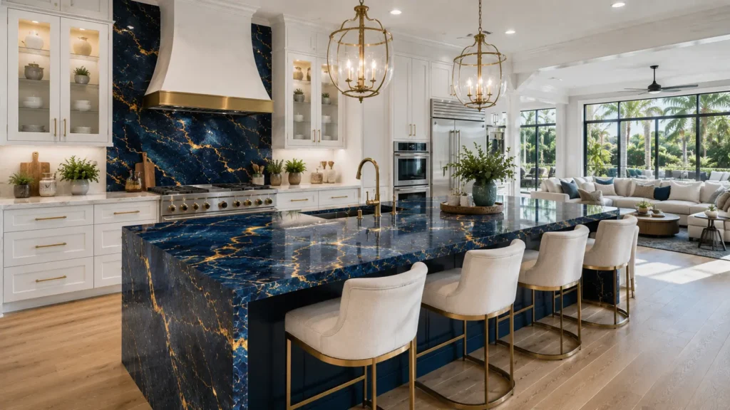 Luxury kitchen with dramatic blue marble countertops, matching blue stone backsplash with gold veining, white cabinetry, and gold-accented lighting fixtures.