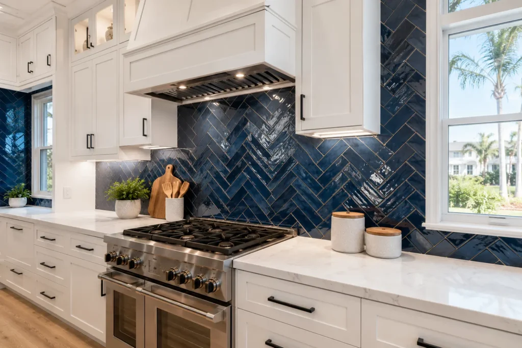 Full-height navy blue herringbone tile backsplash with white shaker cabinets, marble countertops, stainless steel range, and custom white range hood in a luxury coastal kitchen.