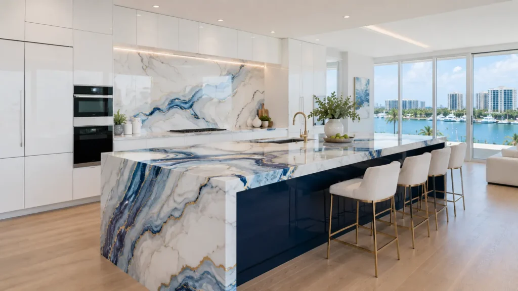 Modern luxury kitchen featuring a dramatic blue-veined waterfall island, matching blue marble backsplash, glossy white cabinetry, and waterfront views through floor-to-ceiling windows.