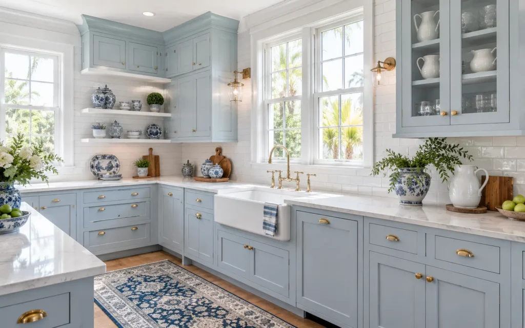 Light blue coastal kitchen with shaker cabinets, brass hardware, farmhouse sink, white subway tile backsplash, and decorative blue-and-white accents.