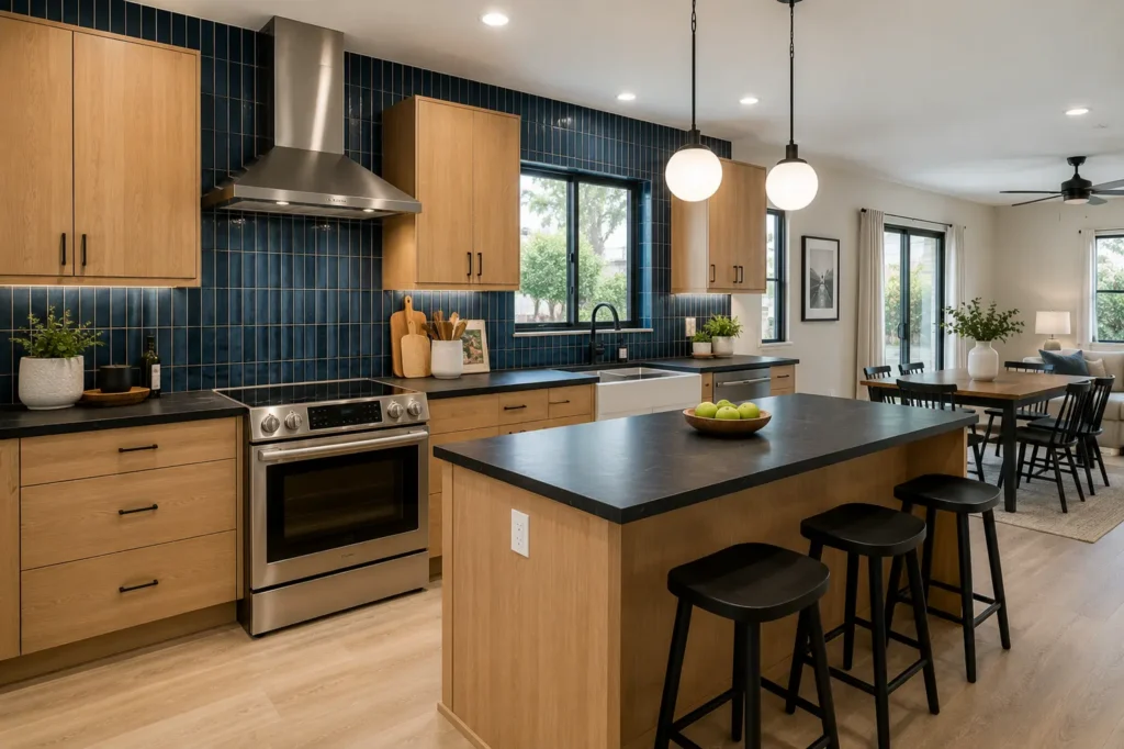 Contemporary kitchen with natural oak cabinets, dark blue vertical tile backsplash, black countertops, stainless steel appliances, and a modern wood island.
