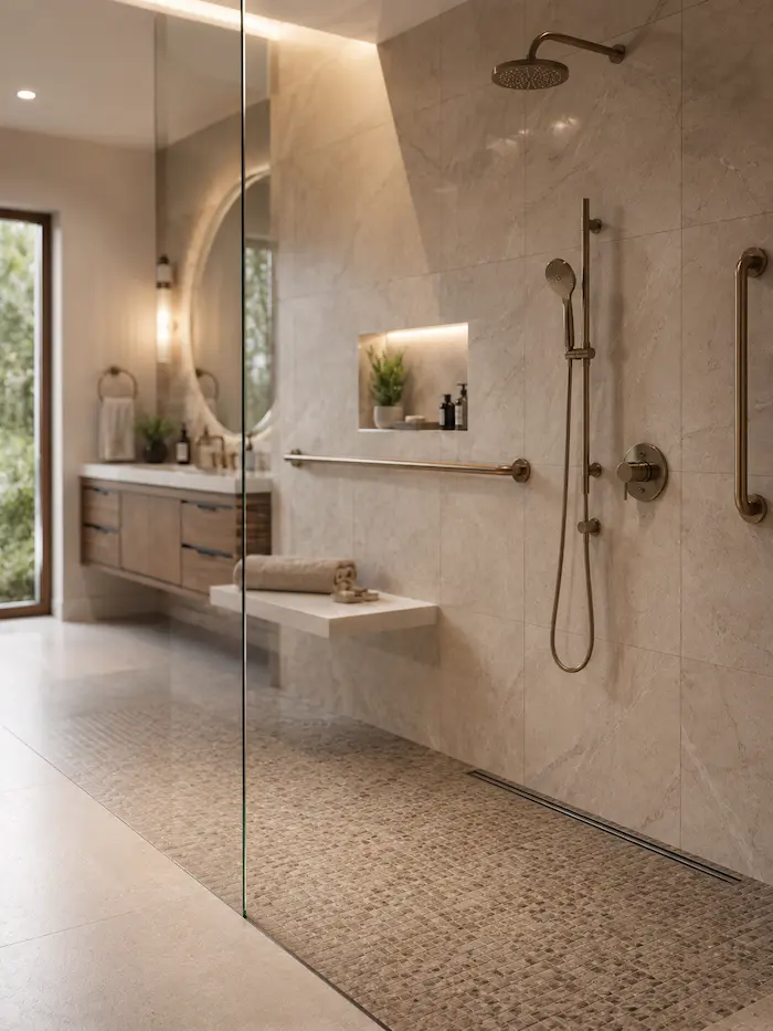 Accessible curbless bathroom with grab bars and seating by CMK Construction