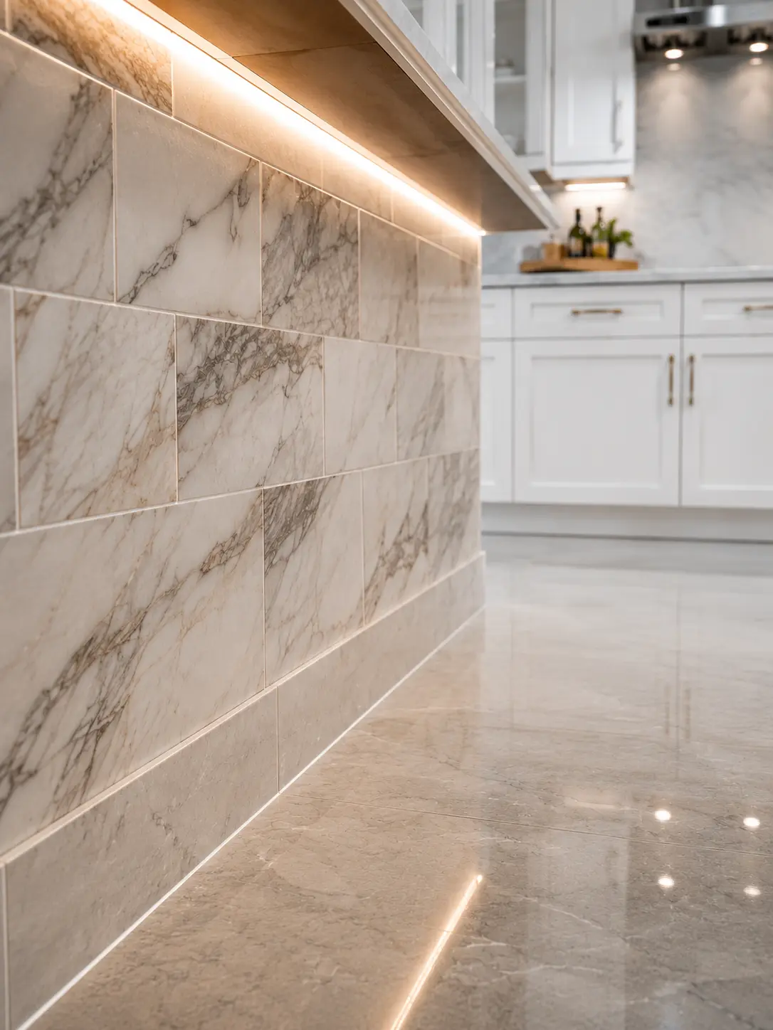 Kitchen backsplash tile and flooring installed by CMK Construction