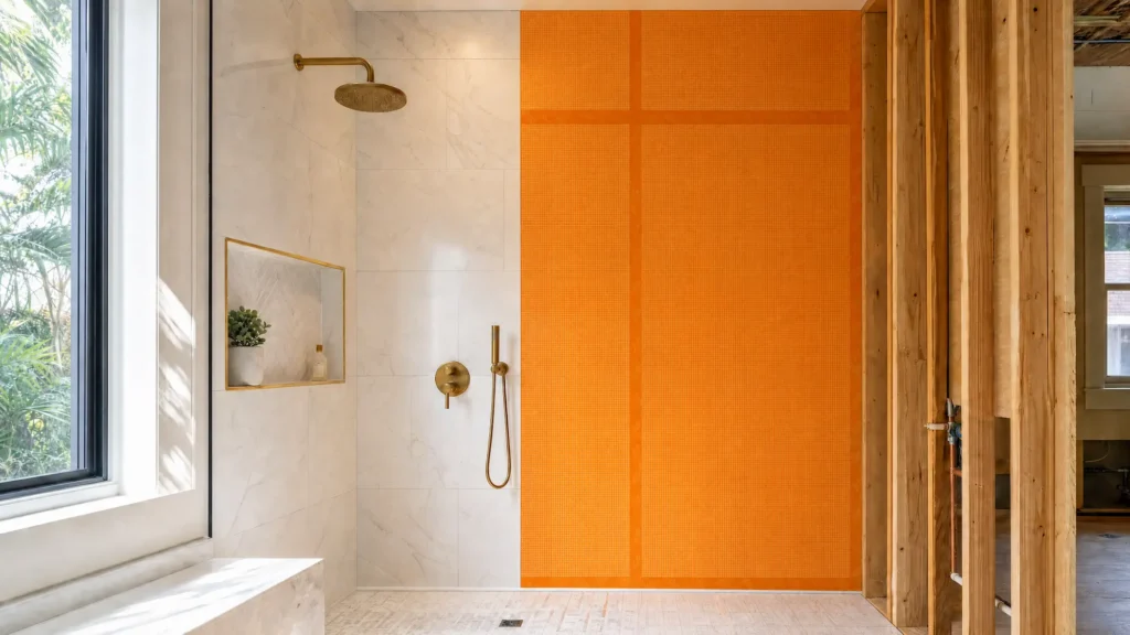 Remodeling concept of a shower stall with construction beams and modern aesthetic showing.