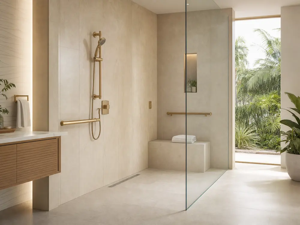 Open concept modern bathroom and shower with beautiful garden outside.