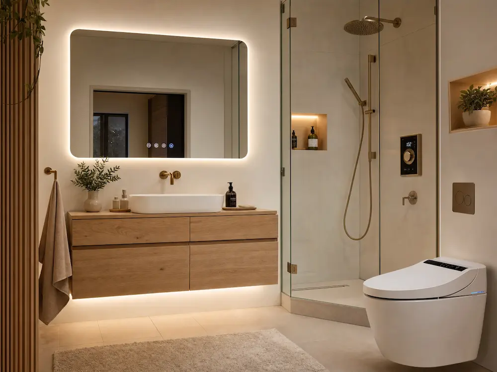 Modern bathroom with sleek aesthetic choices and advanced touchscreen mirror.