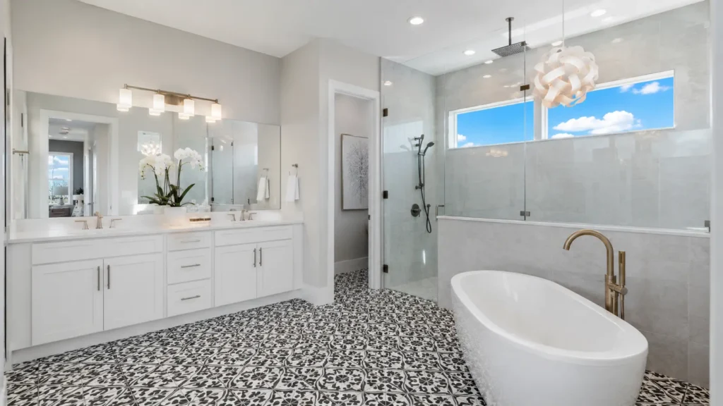 Bathroom remodel with a tiled walk-in shower and modern vanity in Bradenton, FL