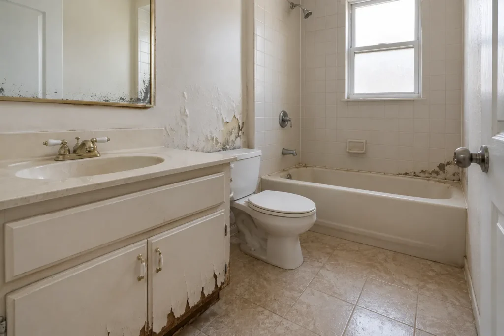 Moisture-damaged bathroom requiring a full Tampa bathroom remodel