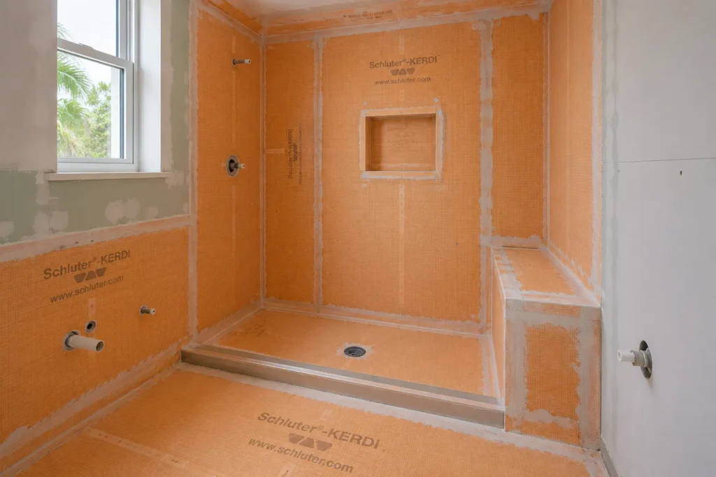 Schluter KERDI membrane installation during a Sarasota bathroom remodel