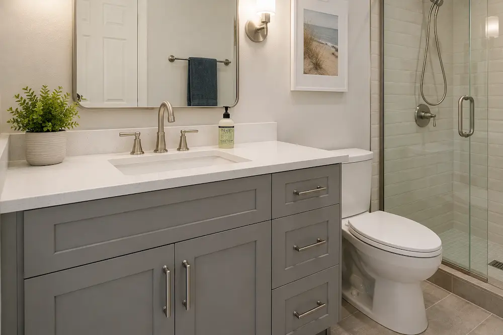 Fabuwood vanity with quartz countertop and Delta fixtures in Palm Harbor