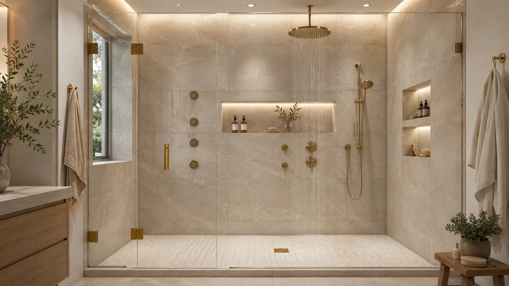 Wideshot of a modern bathroom with multiple shower heads.