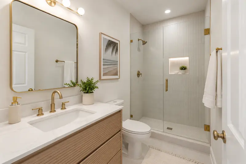 Bathroom remodel with a double vanity and large-format tile in Clearwater, FL