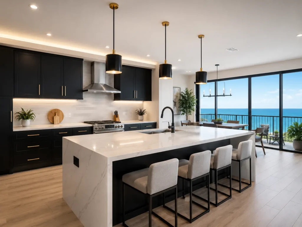 Condo kitchen remodel with flat-panel cabinets and a breakfast bar in Clearwater, FL