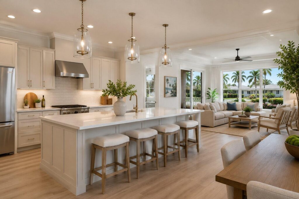 Open kitchen that runs into the living room, with a long island, cushioned stools, and big windows looking out to the palms. On-page caption: Opening a closed-off kitchen to the living space is one of the most requested changes in older St. Petersburg homes.